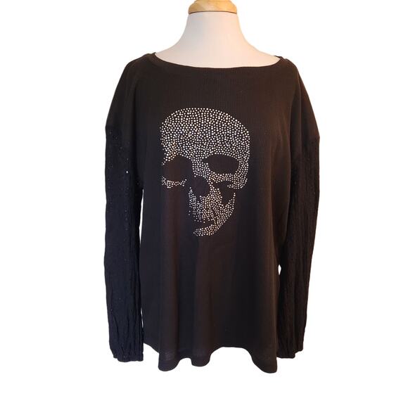 Black Waffle Pattern Long Lace Sleeves Rhinestone Skull Size XXL - Picture 1 of 9